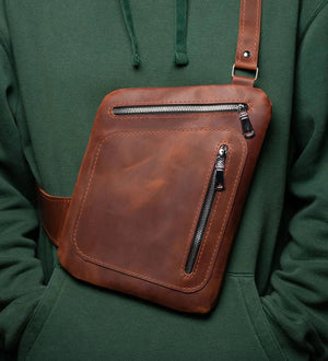 Men’s Sling Bag in Waxed Matte Leather | Hidden Back Pocket