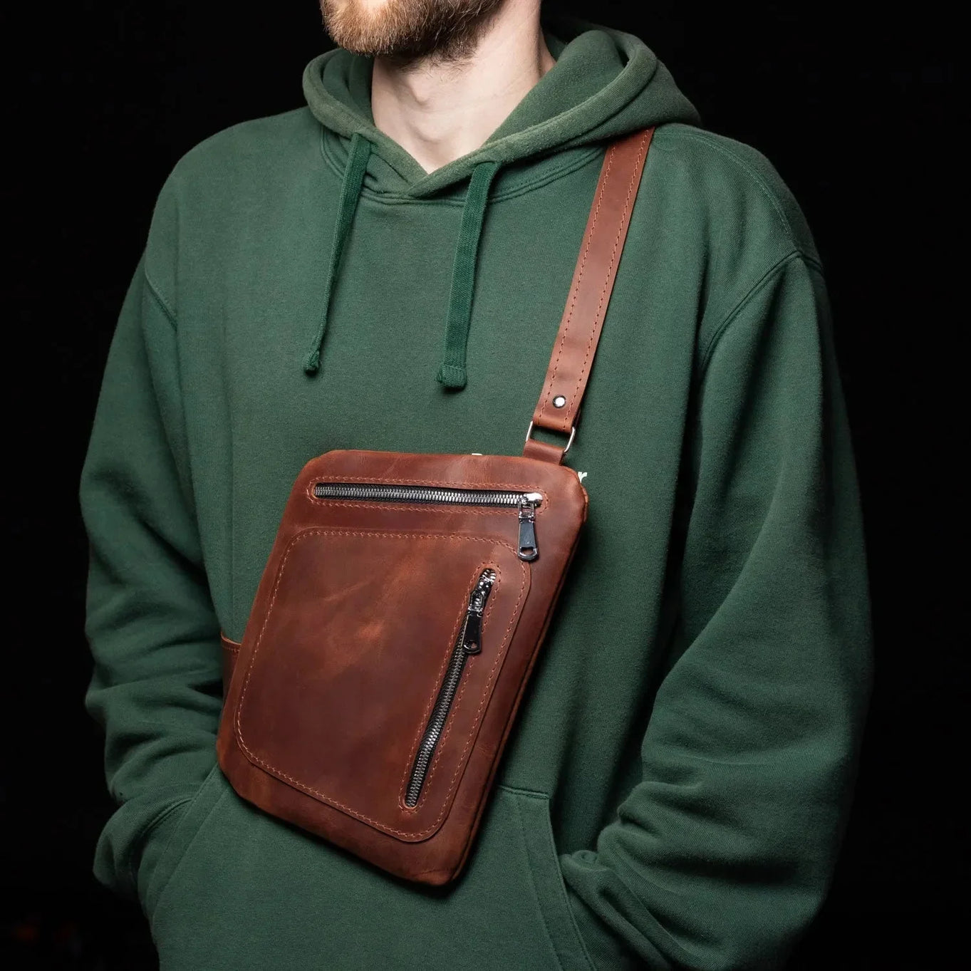 Men’s Sling Bag in Waxed Matte Leather | Hidden Back Pocket