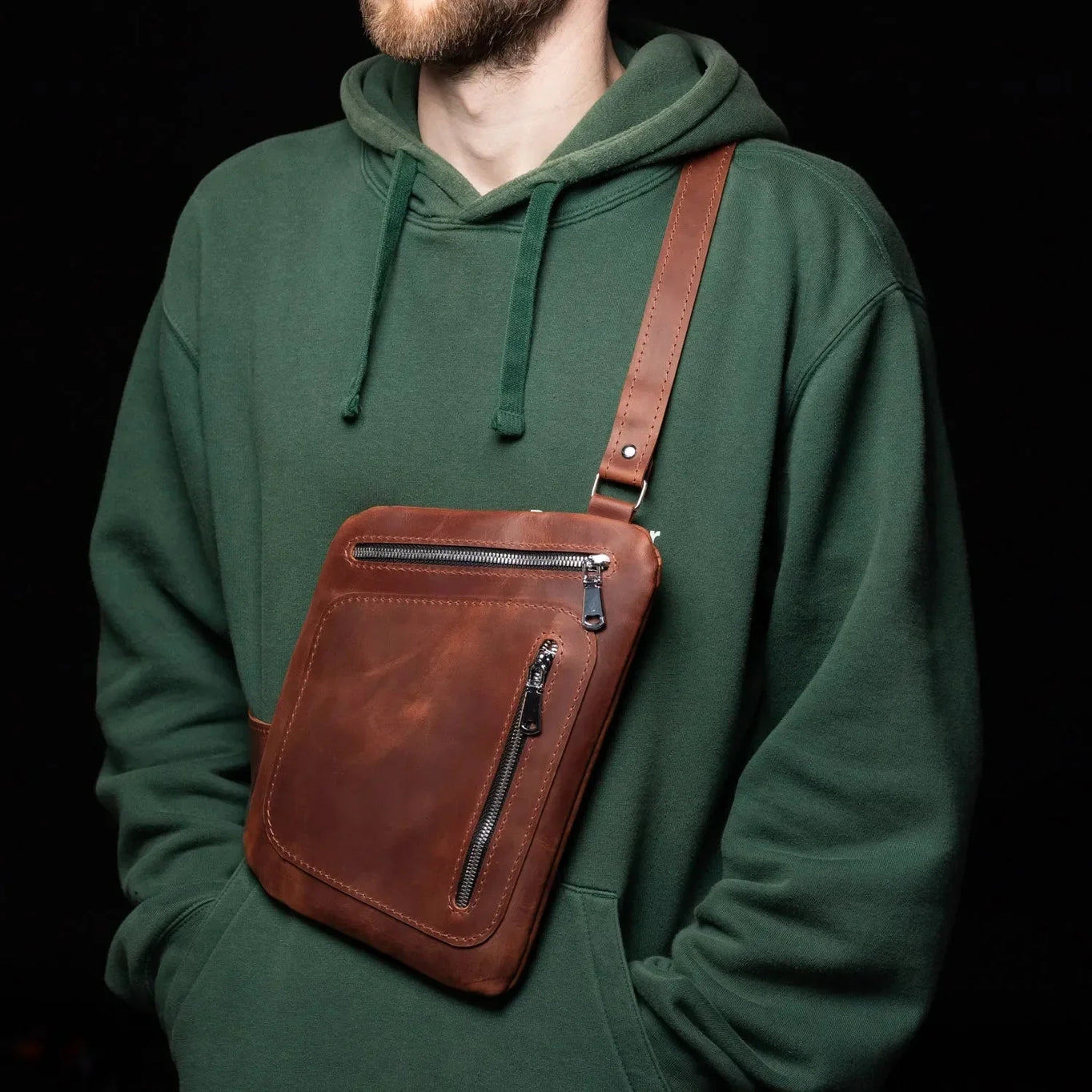 Men’s Sling Bag in Waxed Matte Leather | Hidden Back Pocket