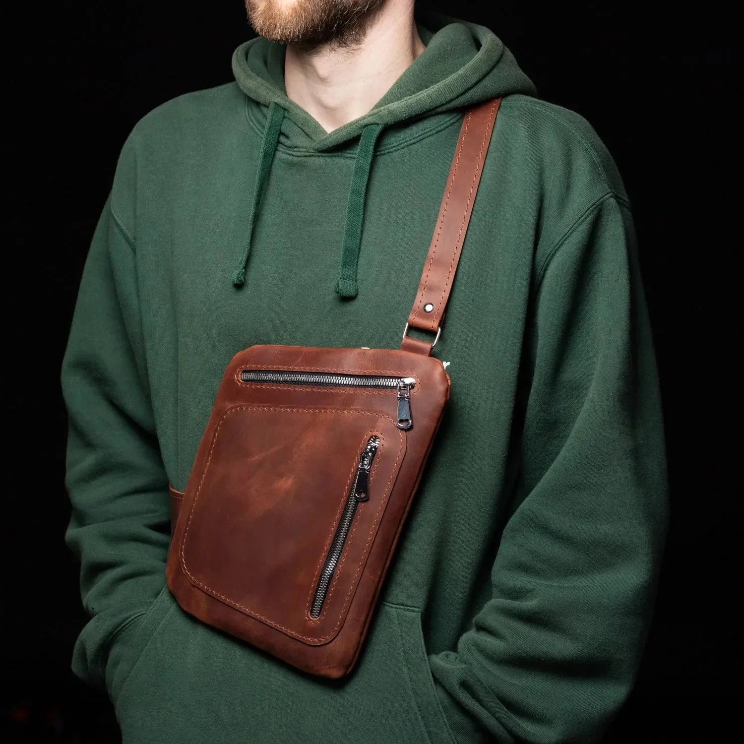 Men’s Sling Bag in Waxed Matte Leather | Hidden Back Pocket