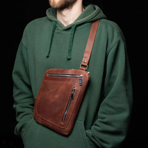Men’s Sling Bag in Waxed Matte Leather | Hidden Back Pocket