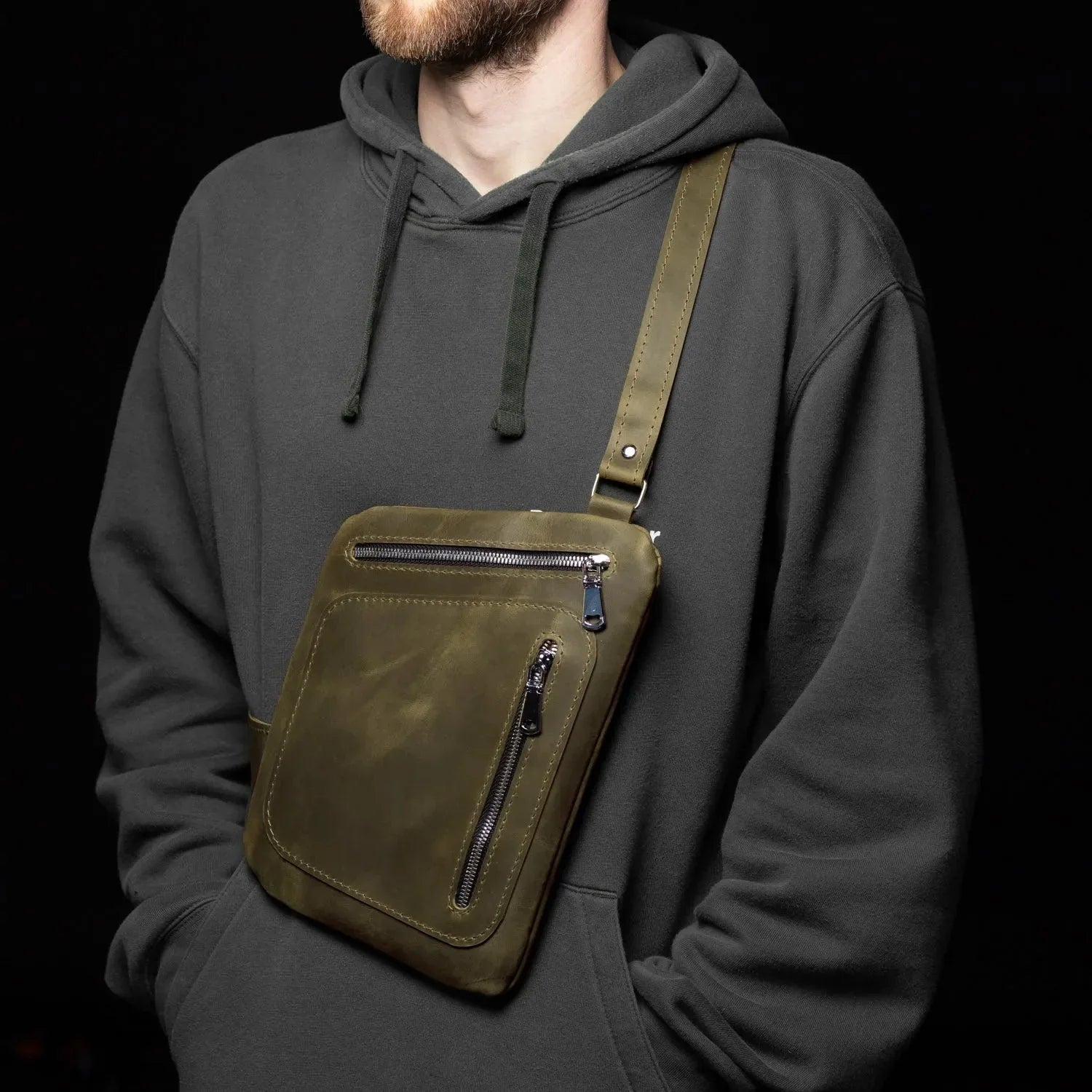 Men’s Sling Bag in Waxed Matte Leather | Hidden Back Pocket
