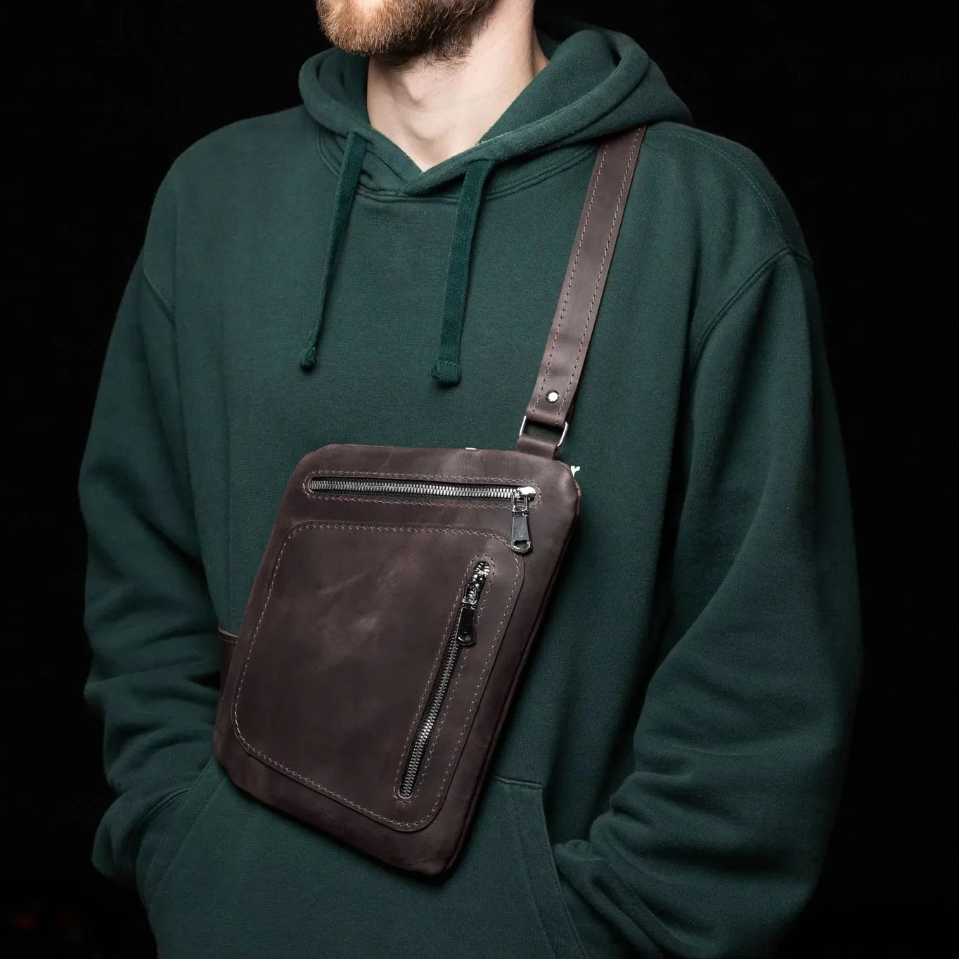 Men’s Sling Bag in Waxed Matte Leather | Hidden Back Pocket