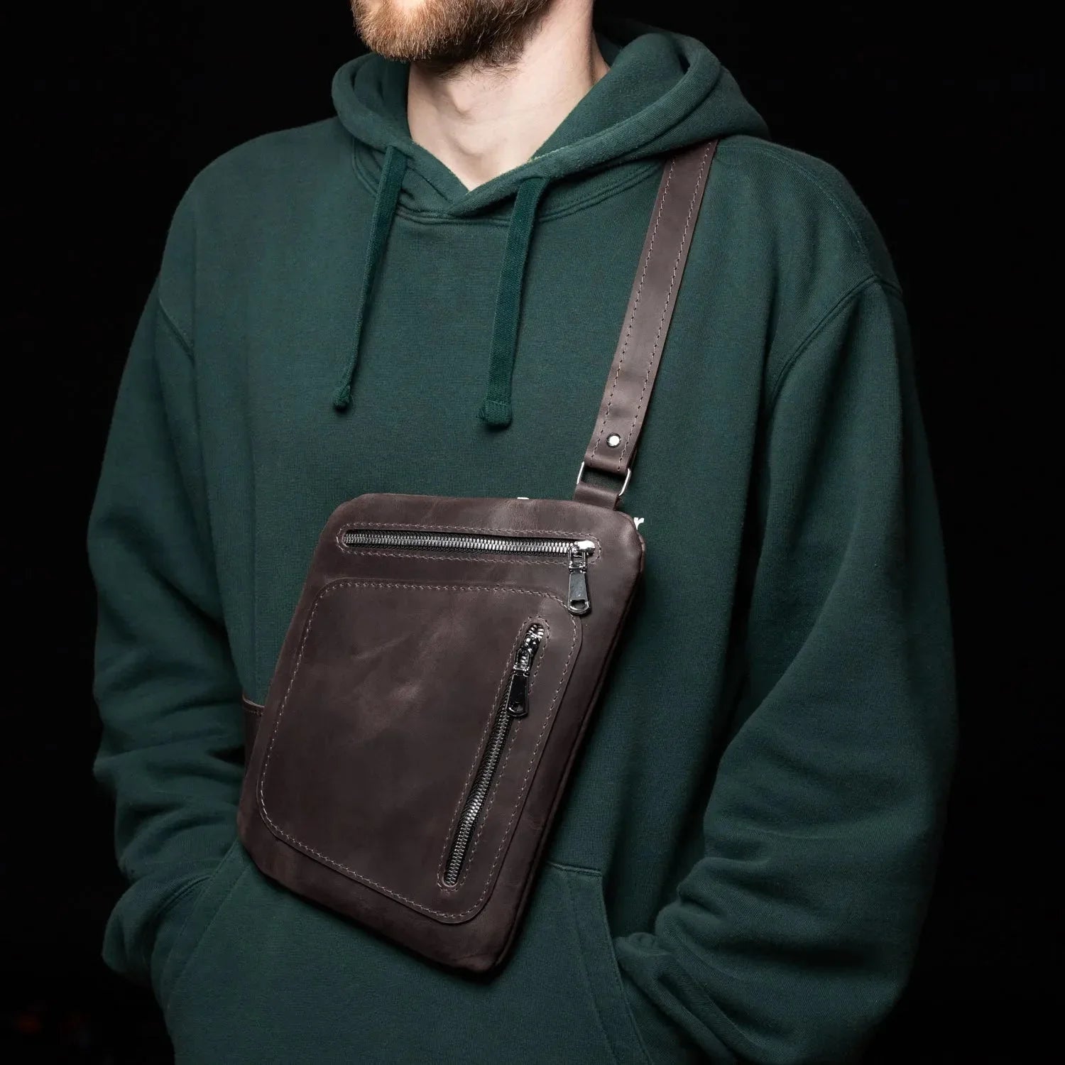 Men’s Sling Bag in Waxed Matte Leather | Hidden Back Pocket