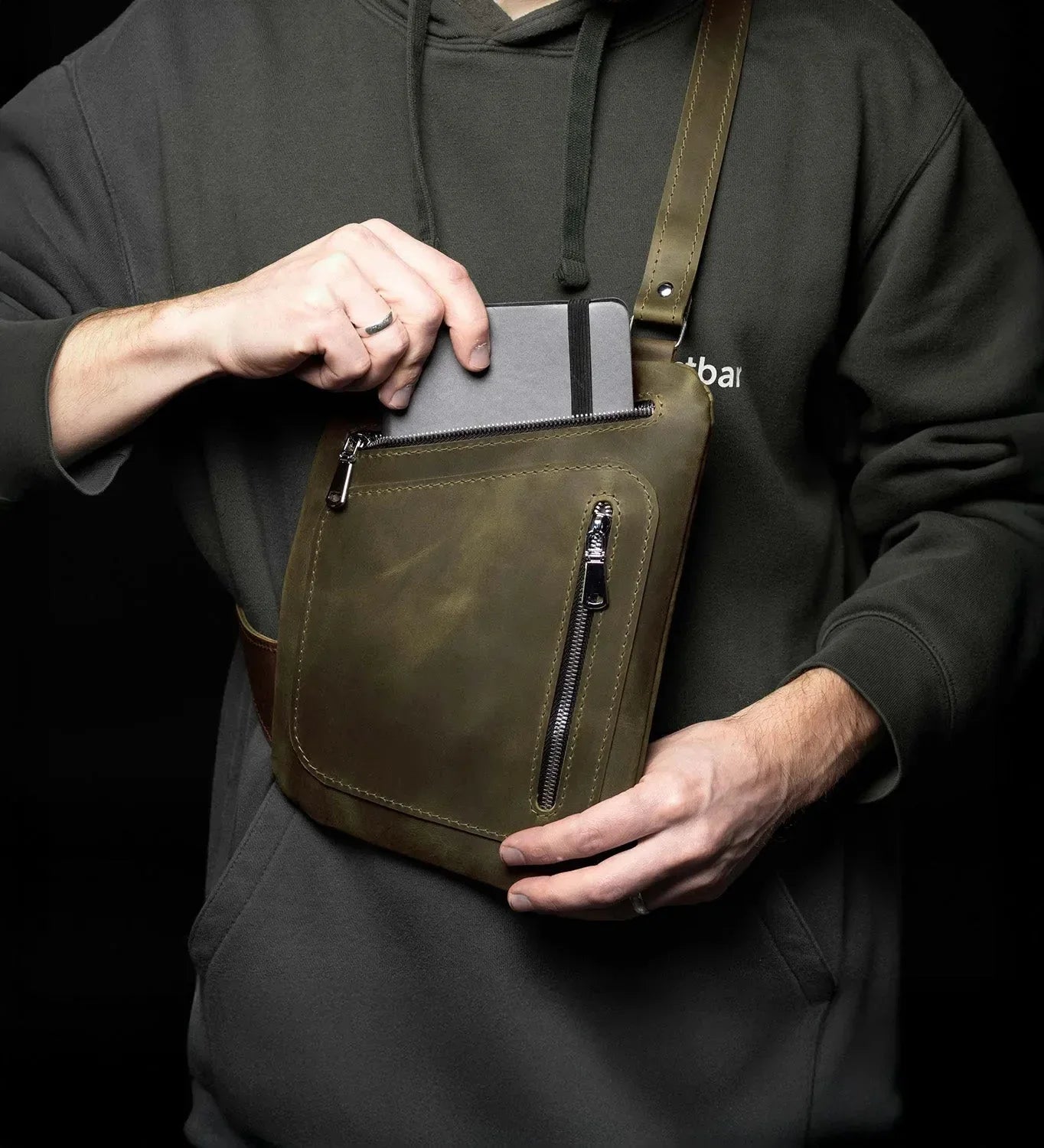 Men’s Sling Bag in Waxed Matte Leather | Hidden Back Pocket