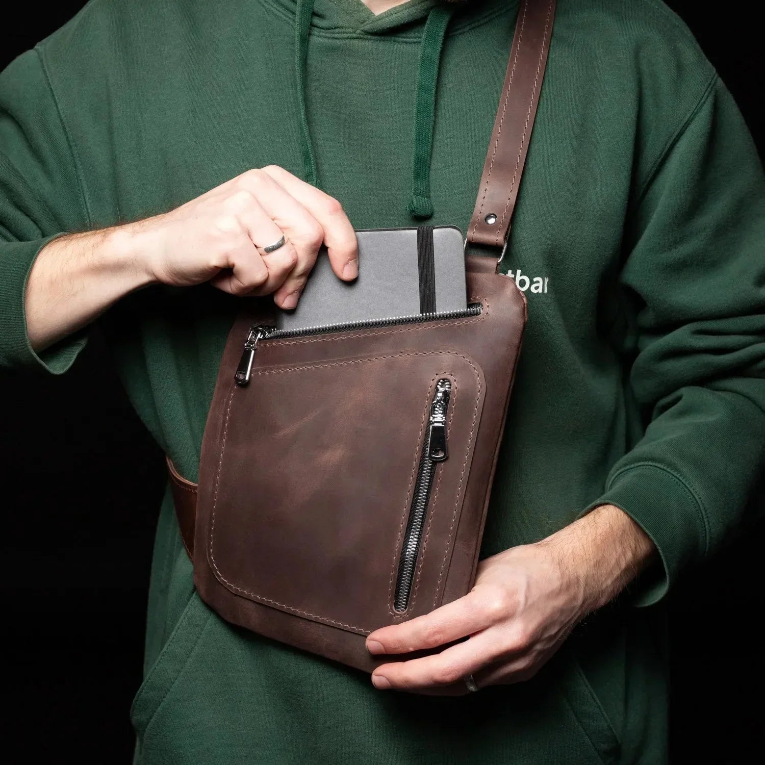 Men’s Sling Bag in Waxed Matte Leather | Hidden Back Pocket