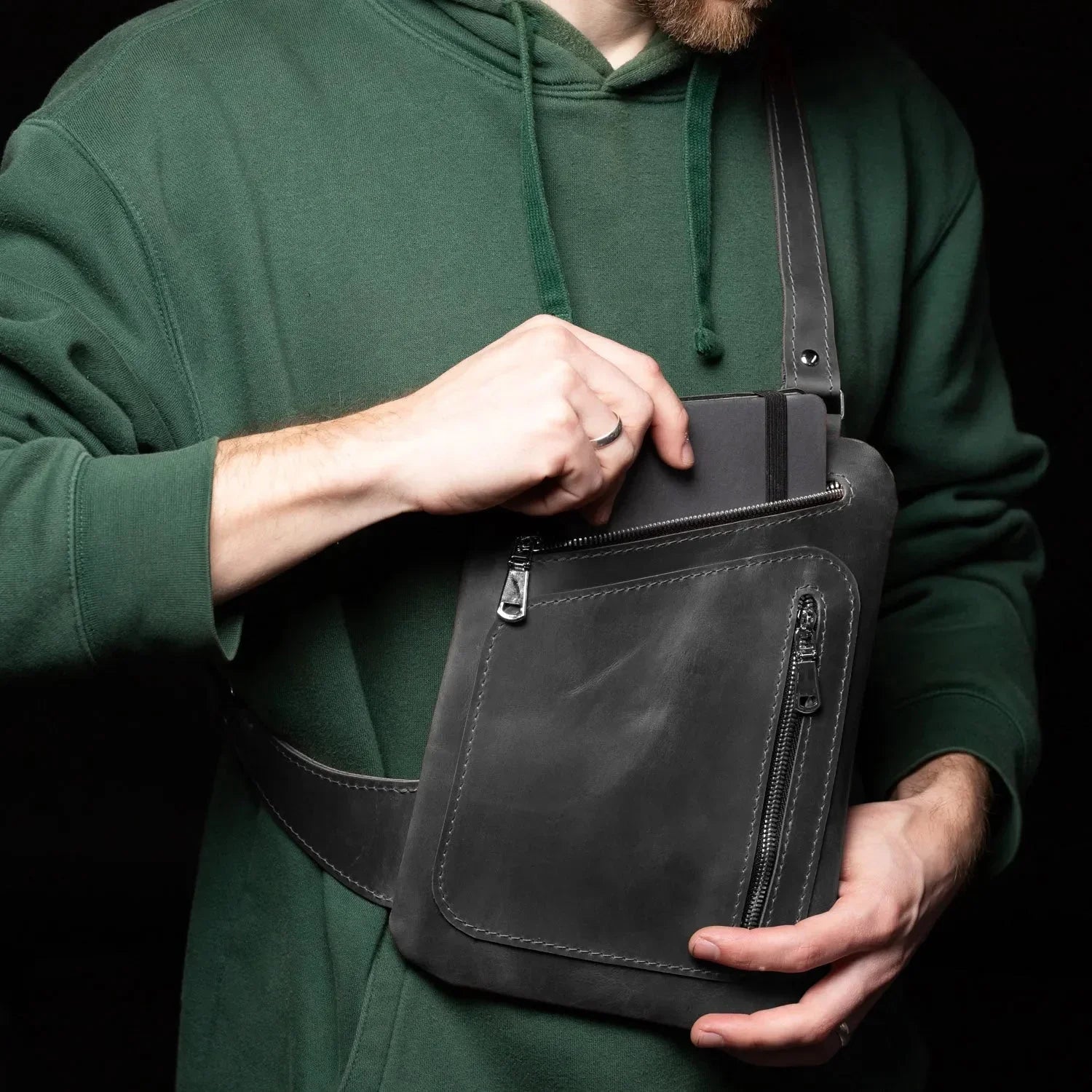 Men’s Sling Bag in Waxed Matte Leather | Hidden Back Pocket