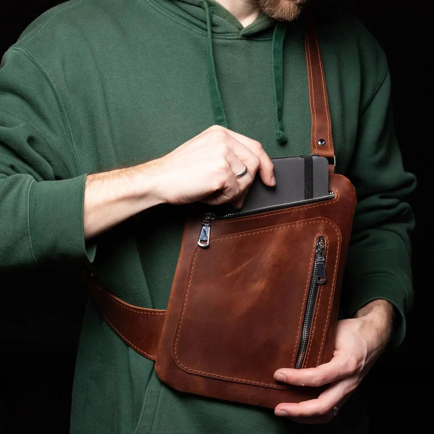 Men’s Sling Bag in Waxed Matte Leather | Hidden Back Pocket