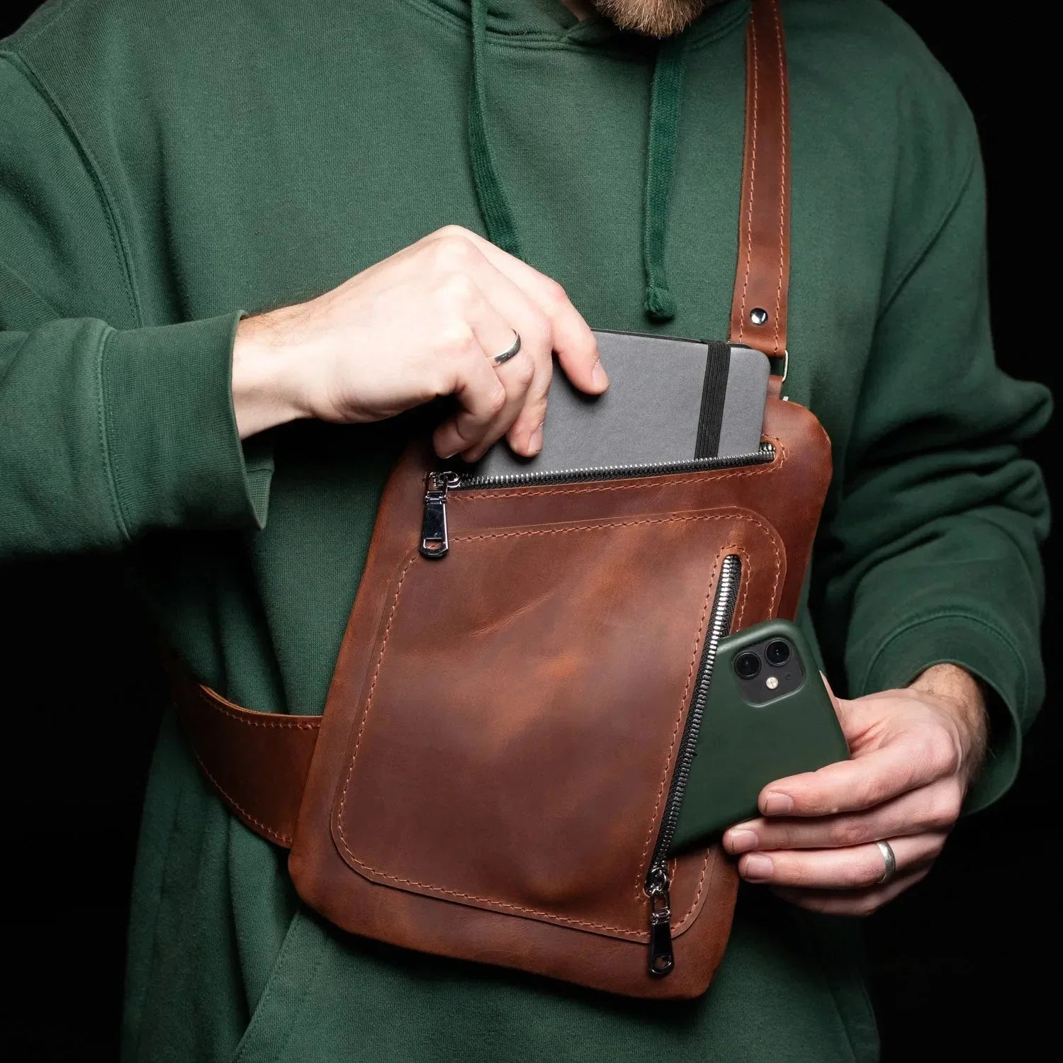 Men’s Sling Bag in Waxed Matte Leather | Hidden Back Pocket