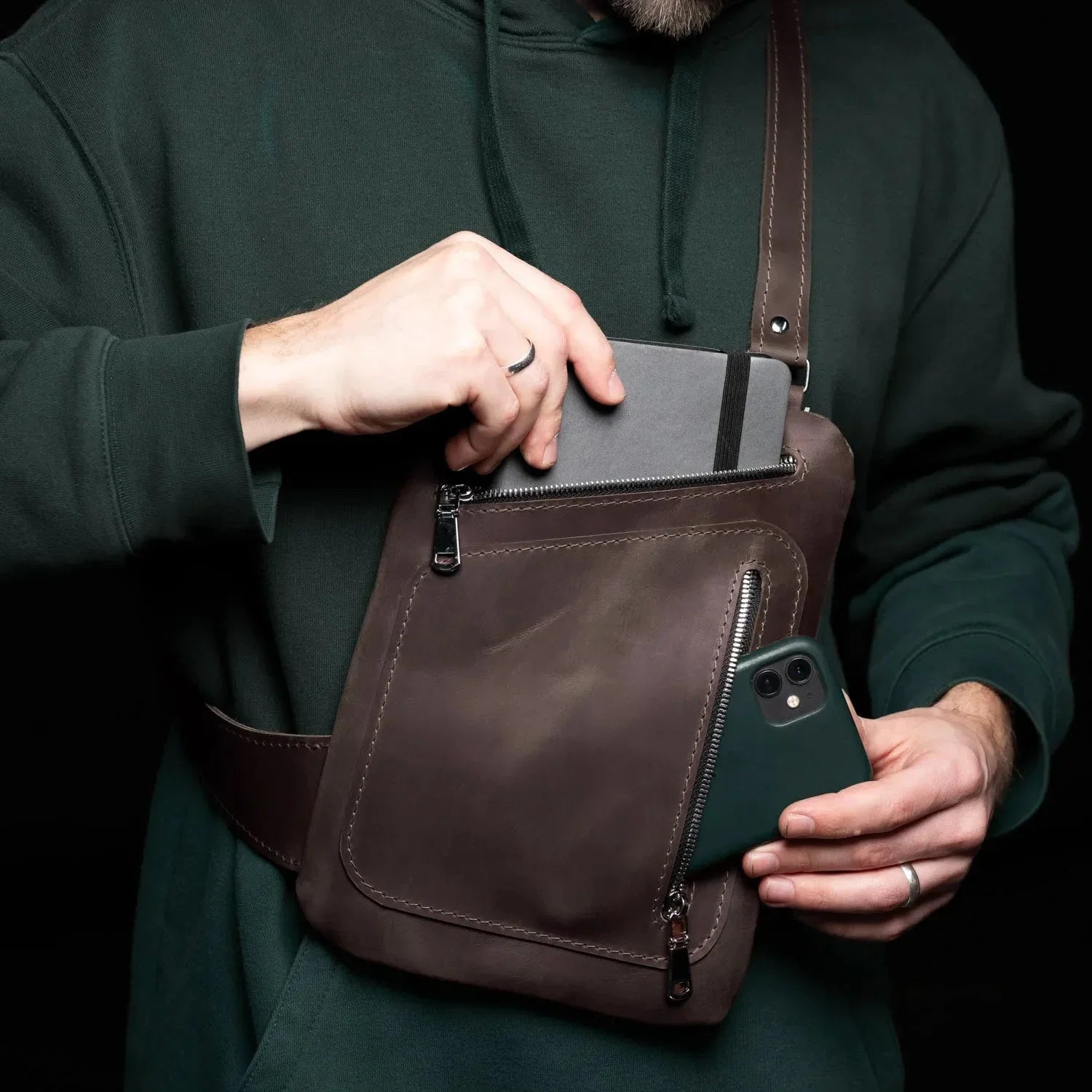 Men’s Sling Bag in Waxed Matte Leather | Hidden Back Pocket