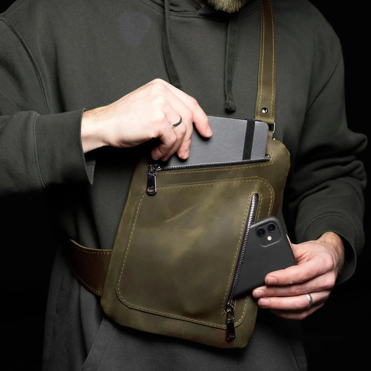 Men’s Sling Bag in Waxed Matte Leather | Hidden Back Pocket