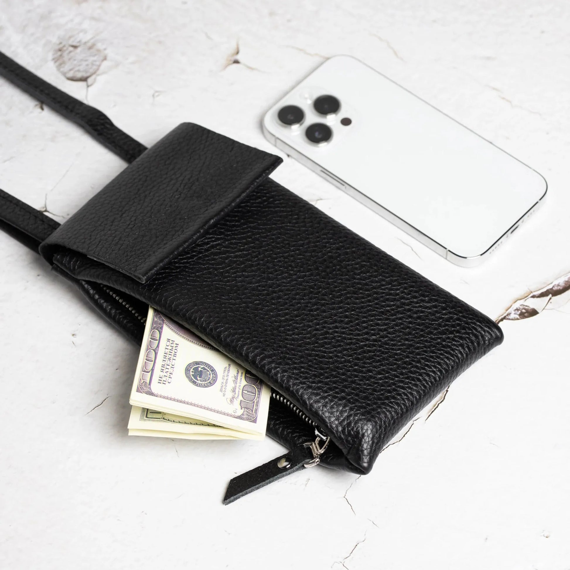 Full grain Leather Phone Bag | Graini Black - Wenderfarer