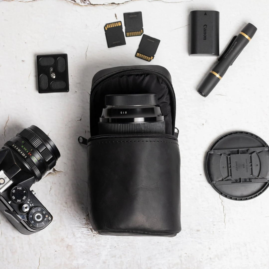 Distressed Leather Camera Lens Pouch | Black - Wenderfarer