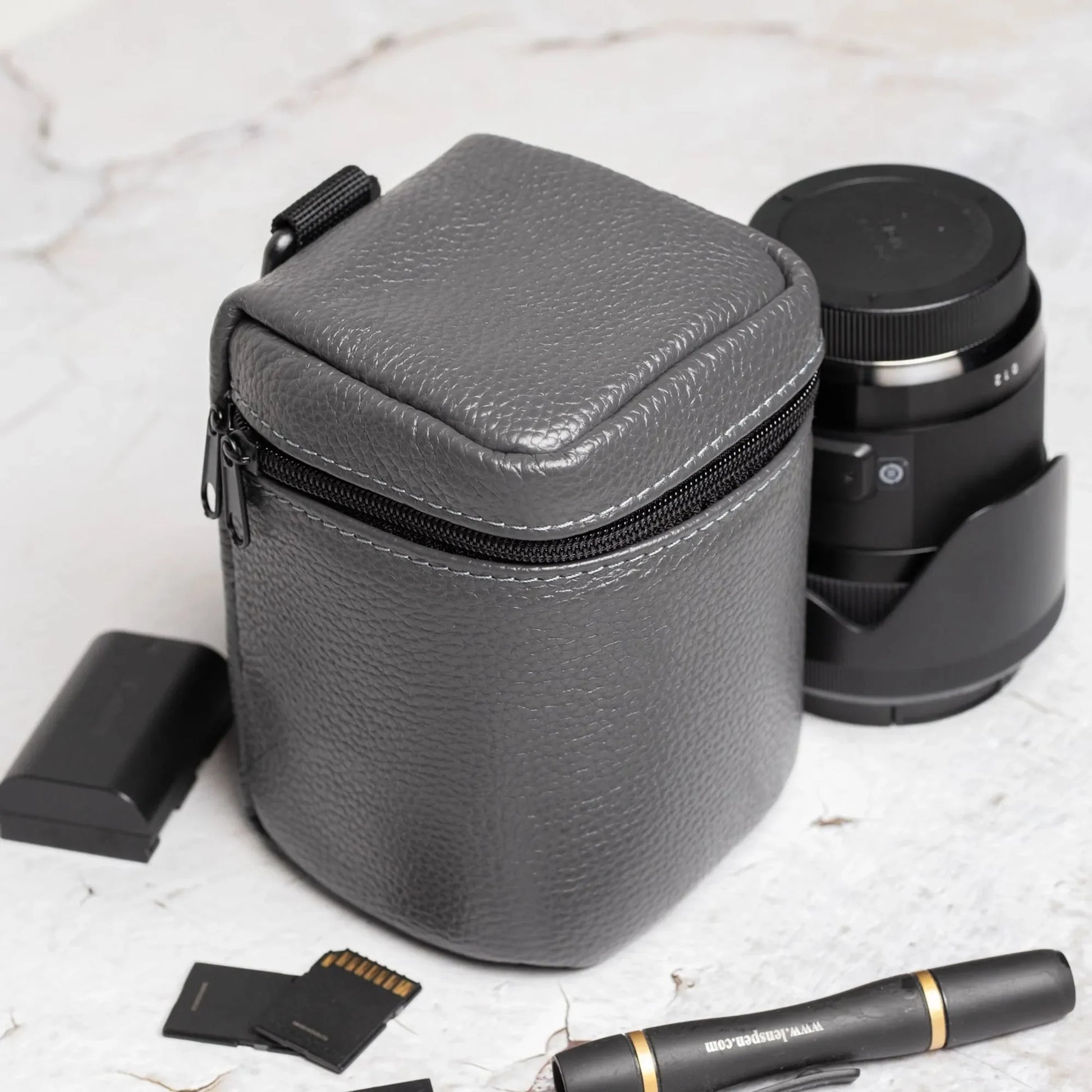 Full-Grain Leather Camera Lens Case | Smoky Grey - Wenderfarer