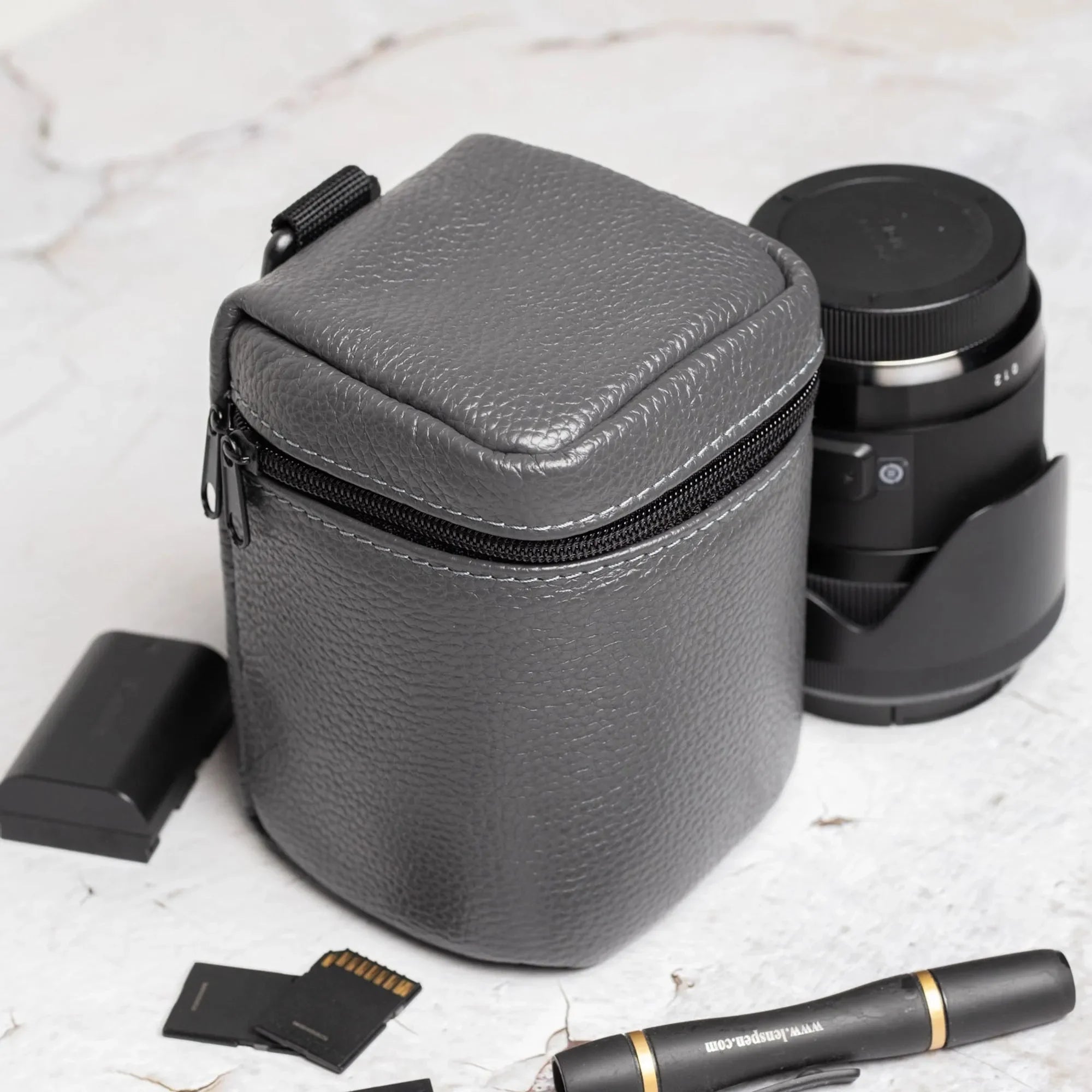 Full-Grain Leather Camera Lens Case | Smoky Grey - Wenderfarer