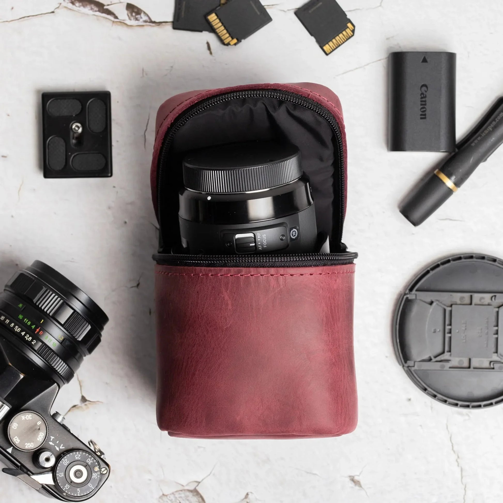 Waxed Matte Leather Camera Lens Pouch – 4 Size Options