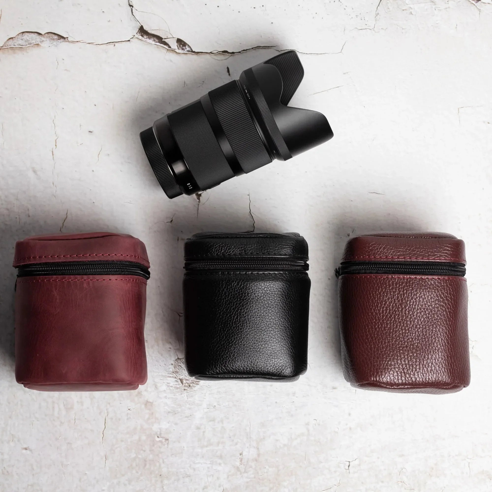 Full-Grain Leather Camera Lens Case | Burgundy - Wenderfarer