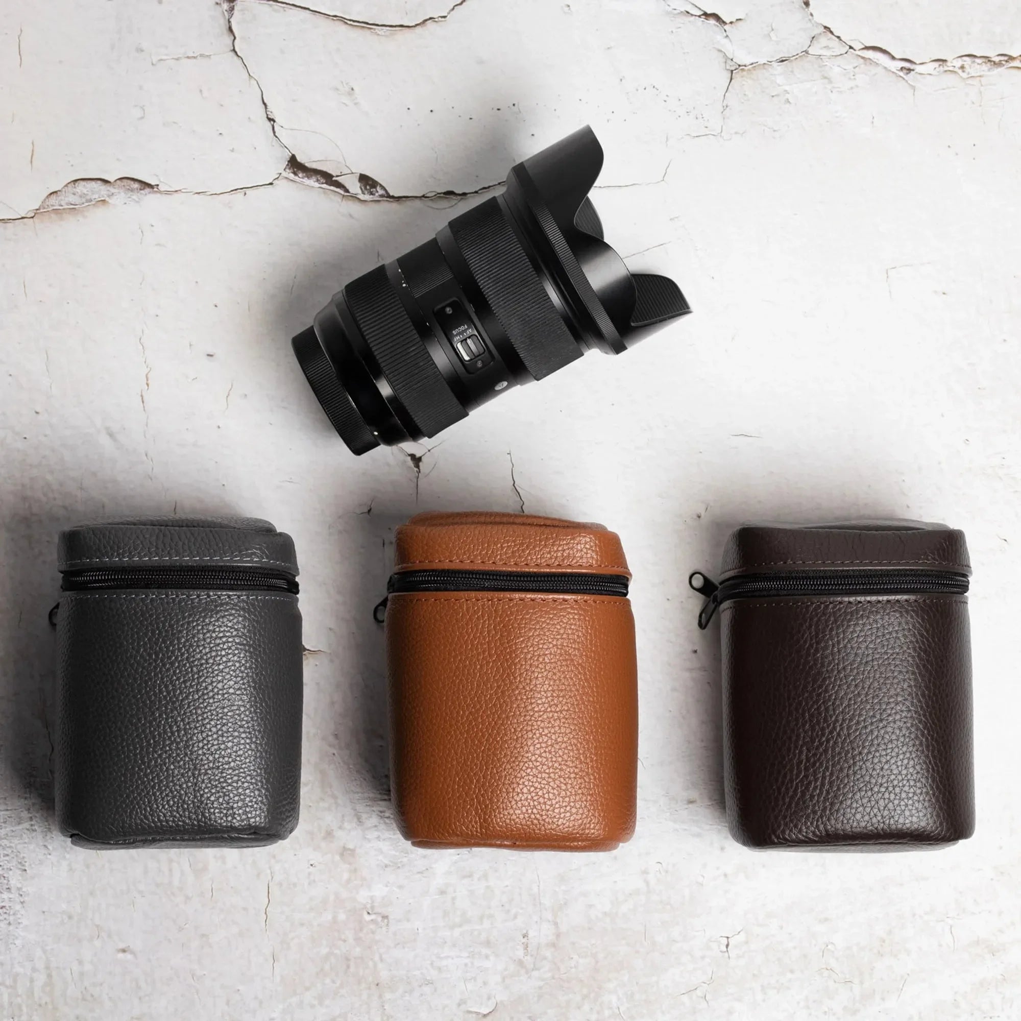 Full-Grain Leather Camera Lens Case | Smoky Grey - Wenderfarer