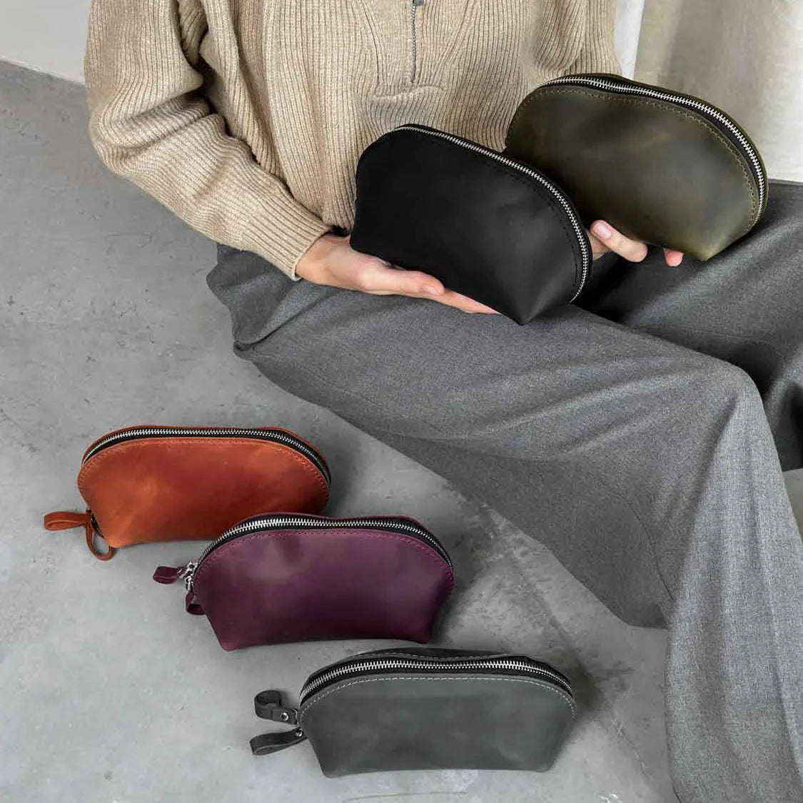 Waxed Matte Leather Makeup Bag for Women | Mirana