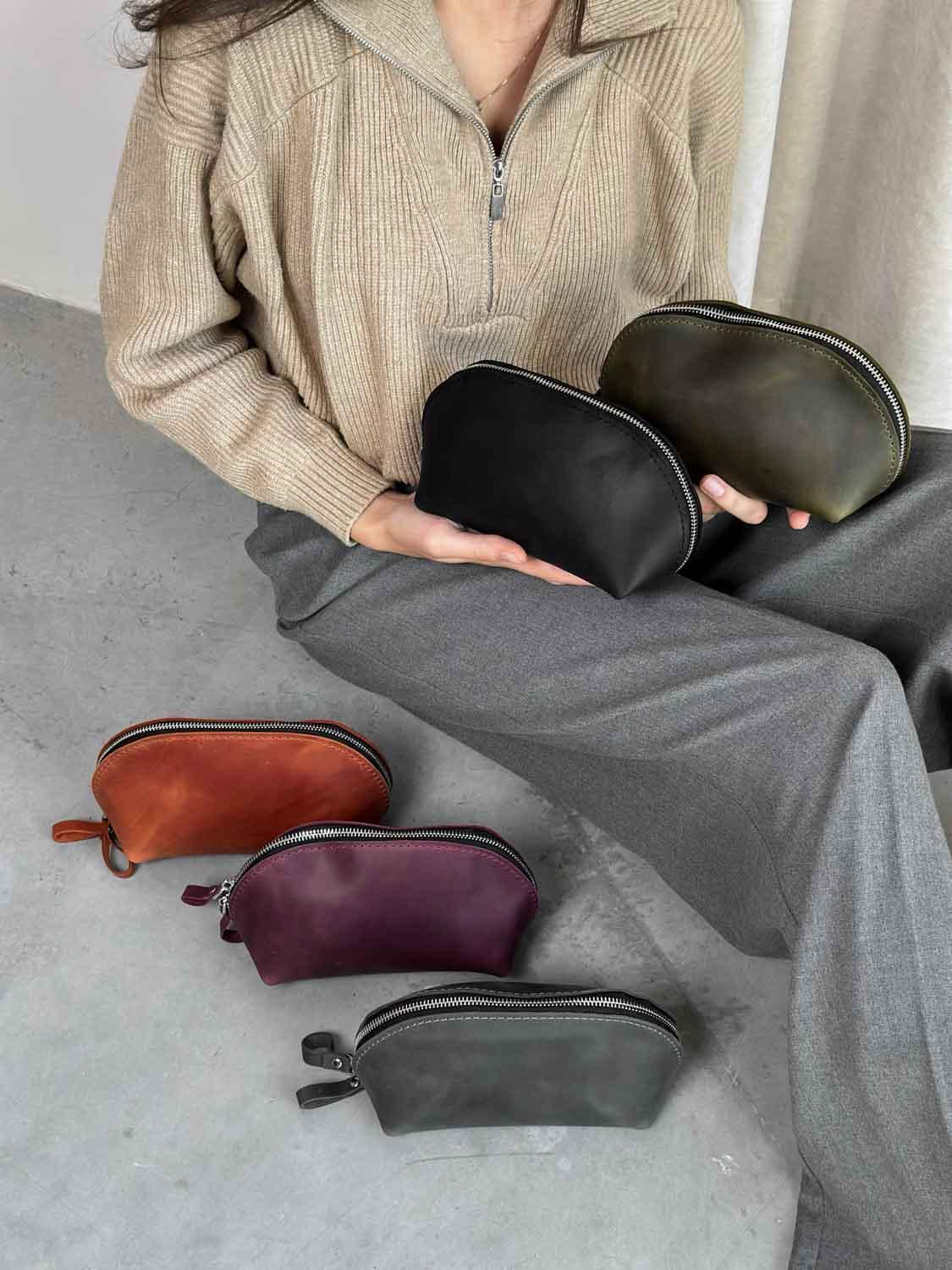 Waxed Matte Leather Makeup Bag for Women | Mirana