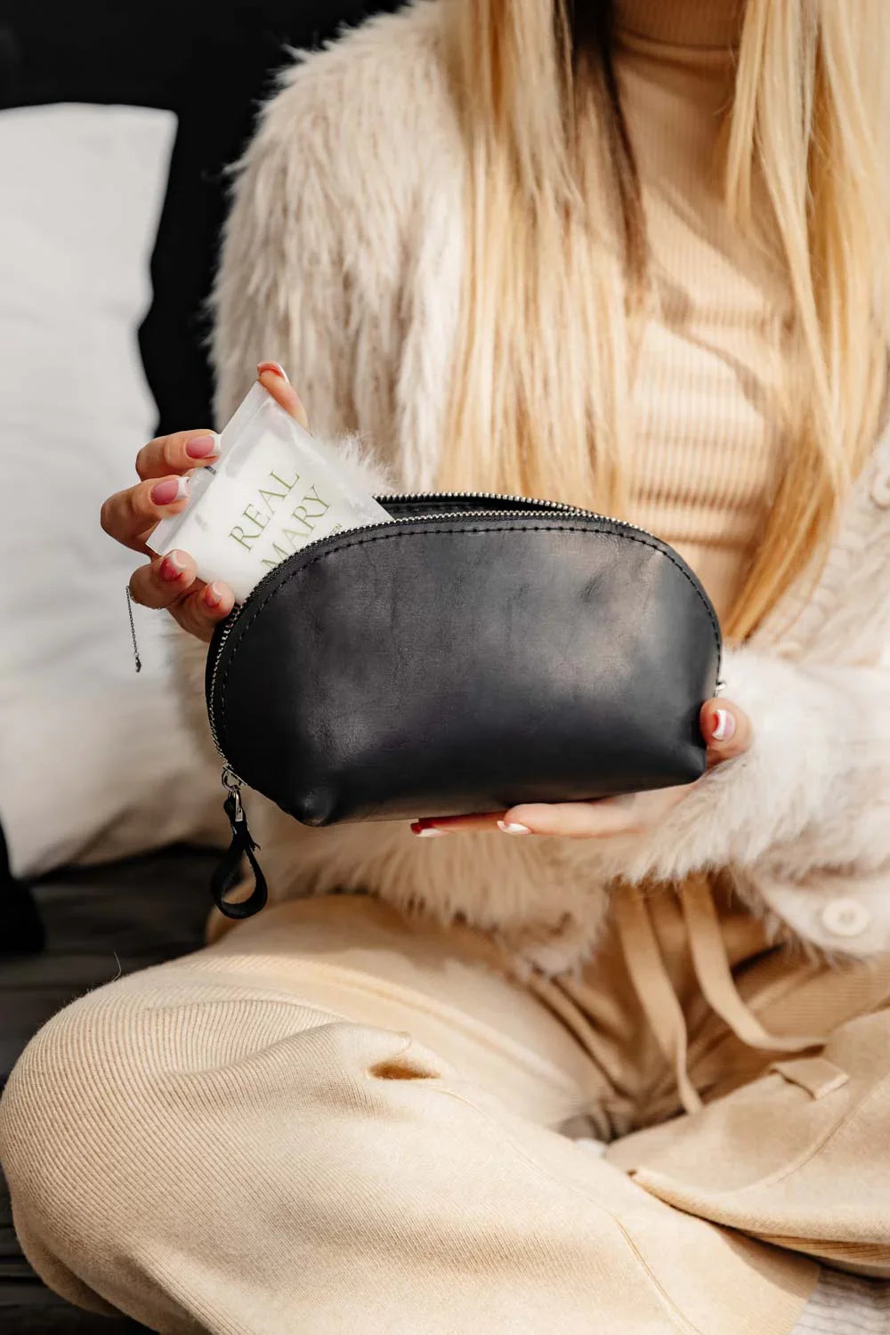 Waxed Matte Leather Makeup Bag for Women | Mirana