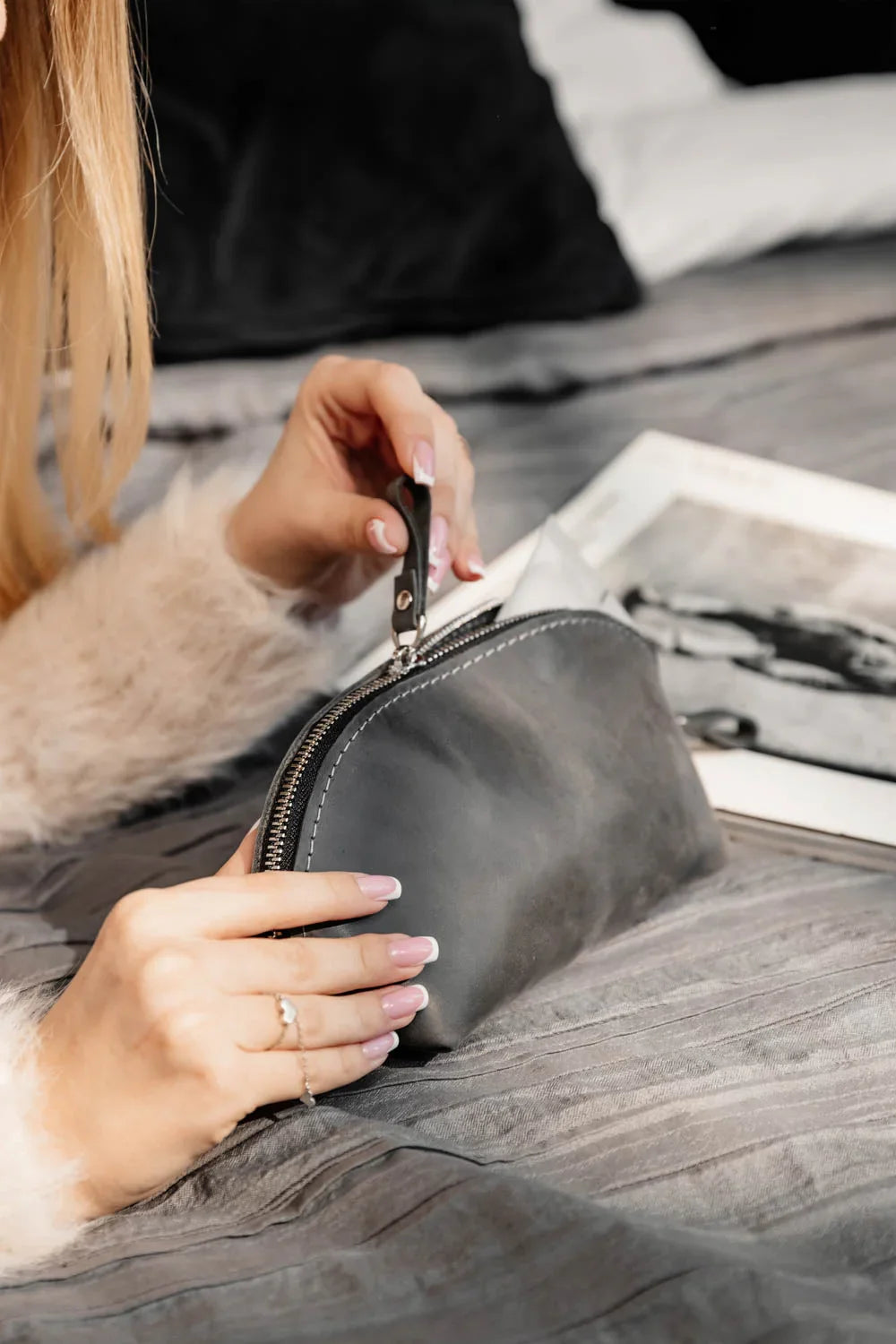 Waxed Matte Leather Makeup Bag for Women | Mirana