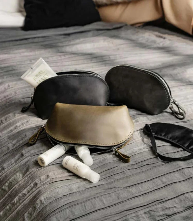 Waxed Matte Leather Makeup Bag for Women | Mirana