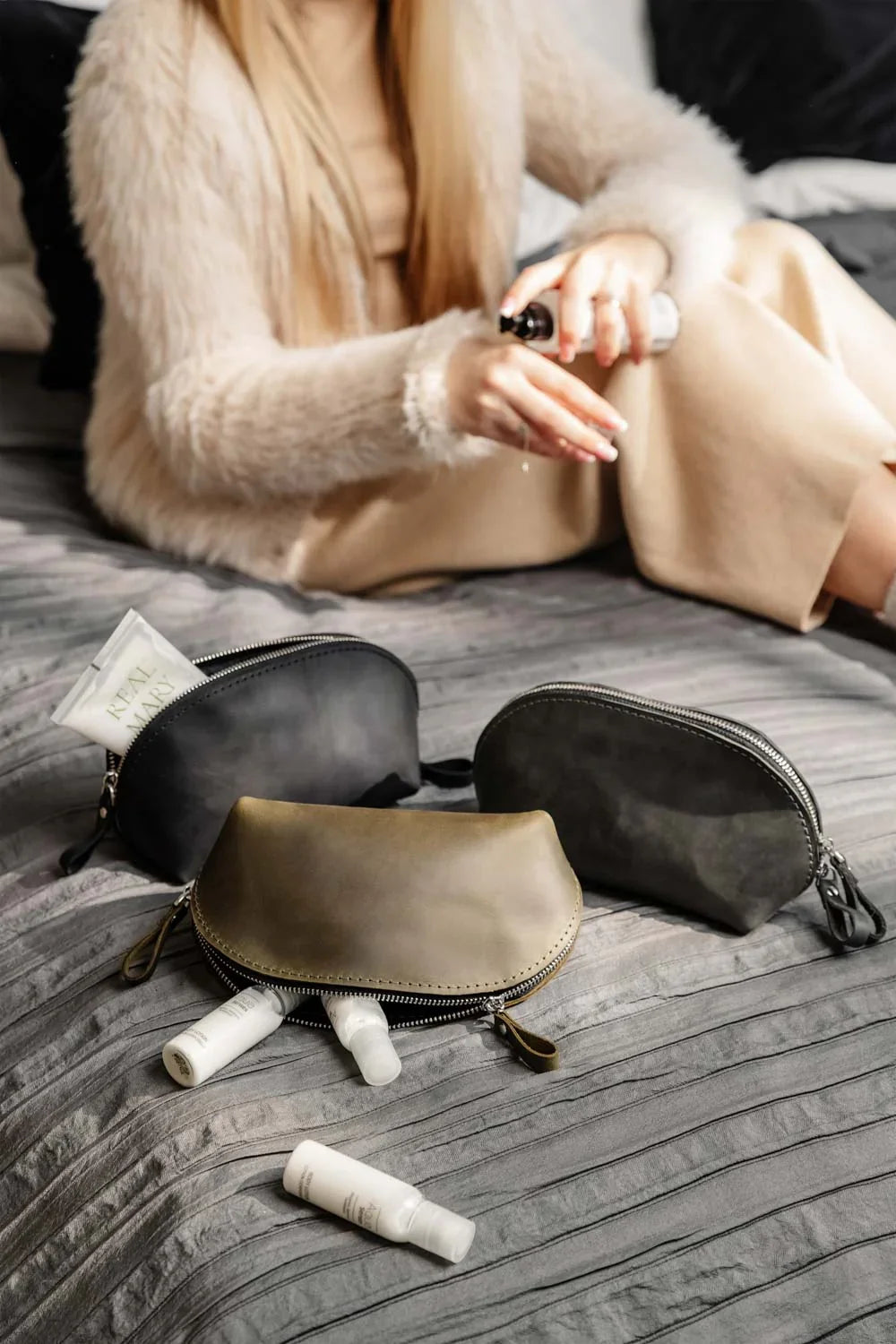Waxed Matte Leather Makeup Bag for Women | Mirana