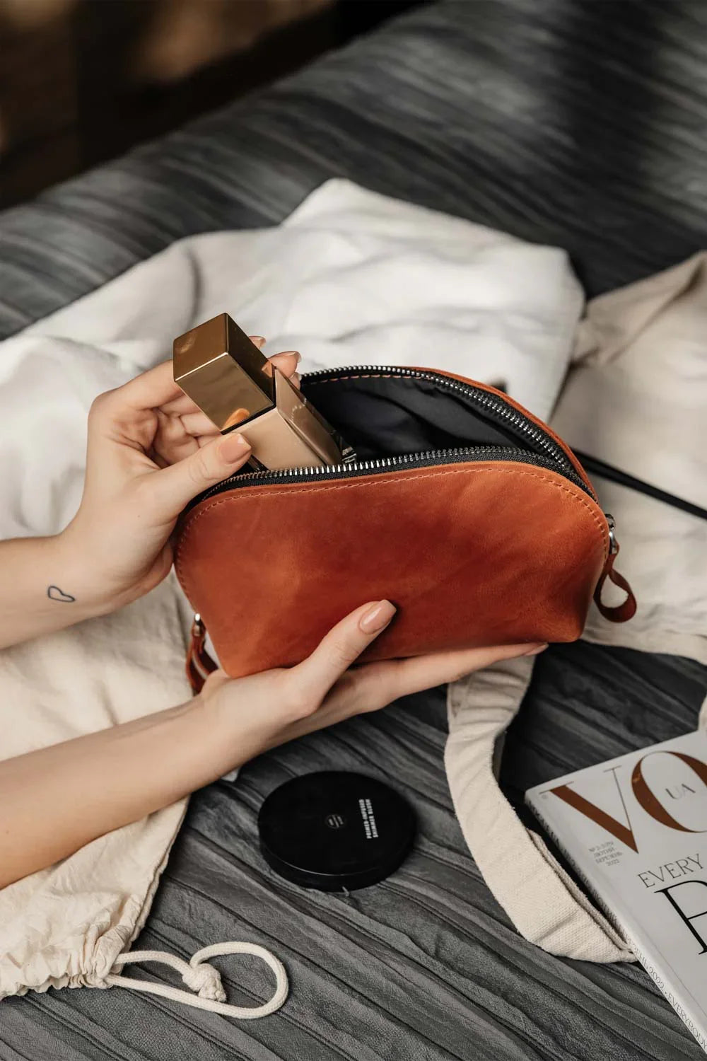 Waxed Matte Leather Makeup Bag for Women | Mirana