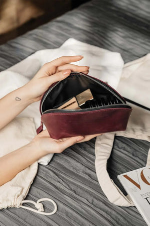 Waxed Matte Leather Makeup Bag for Women | Mirana