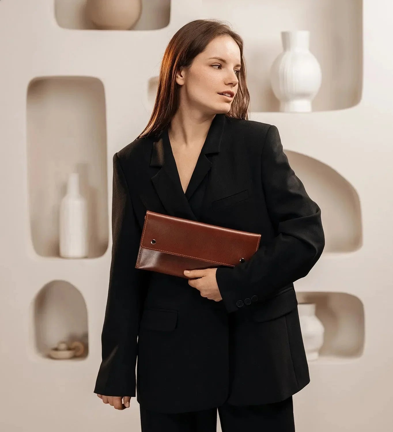 Double-Sided Leather Clutch with Handle