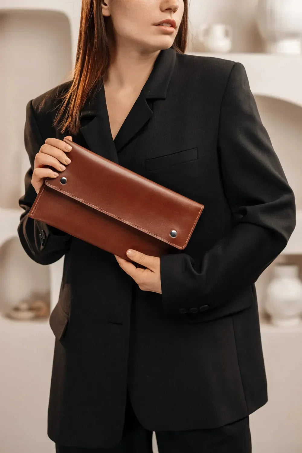 Double-Sided Leather Clutch with Handle