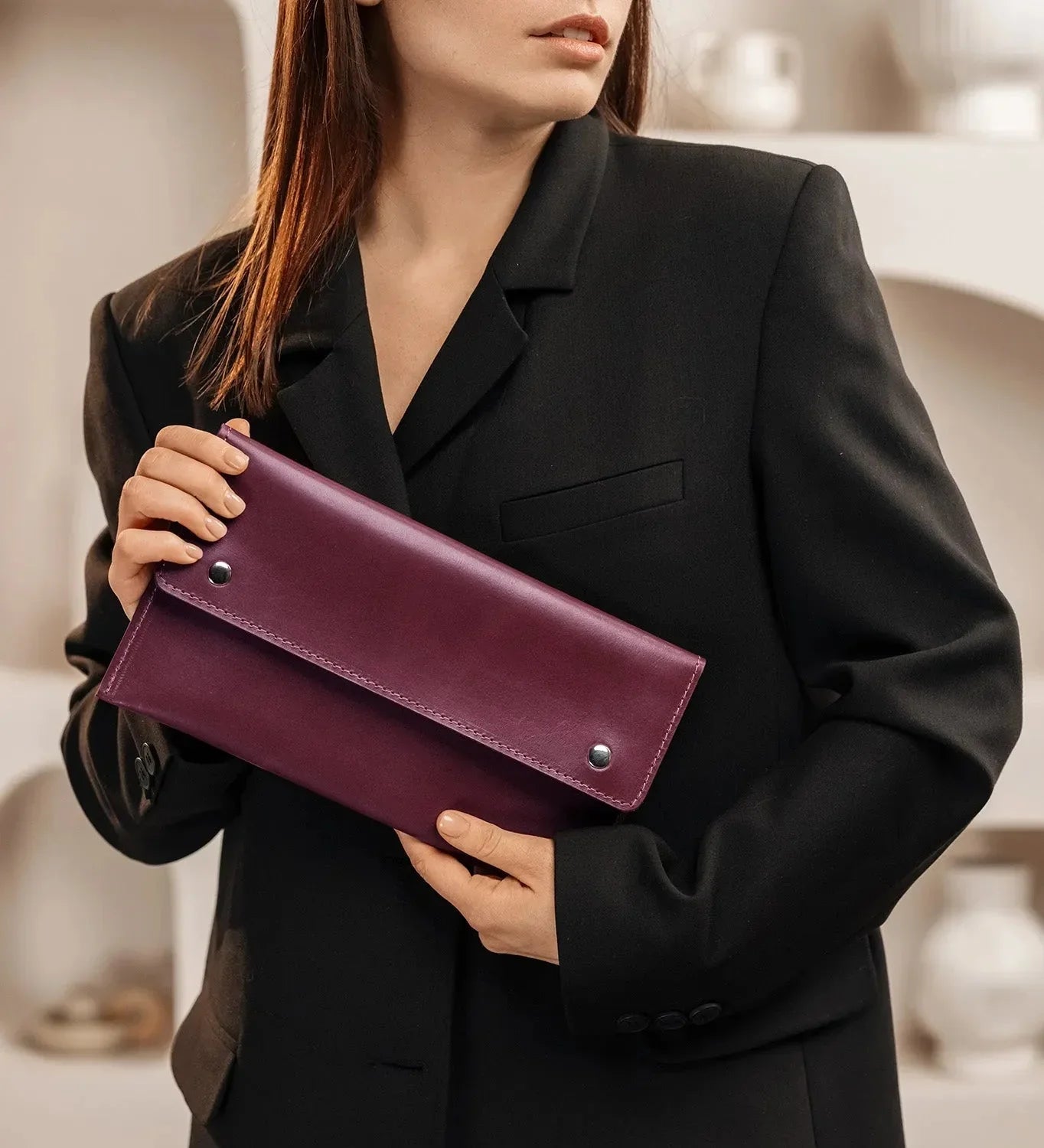 Double-Sided Leather Clutch with Handle