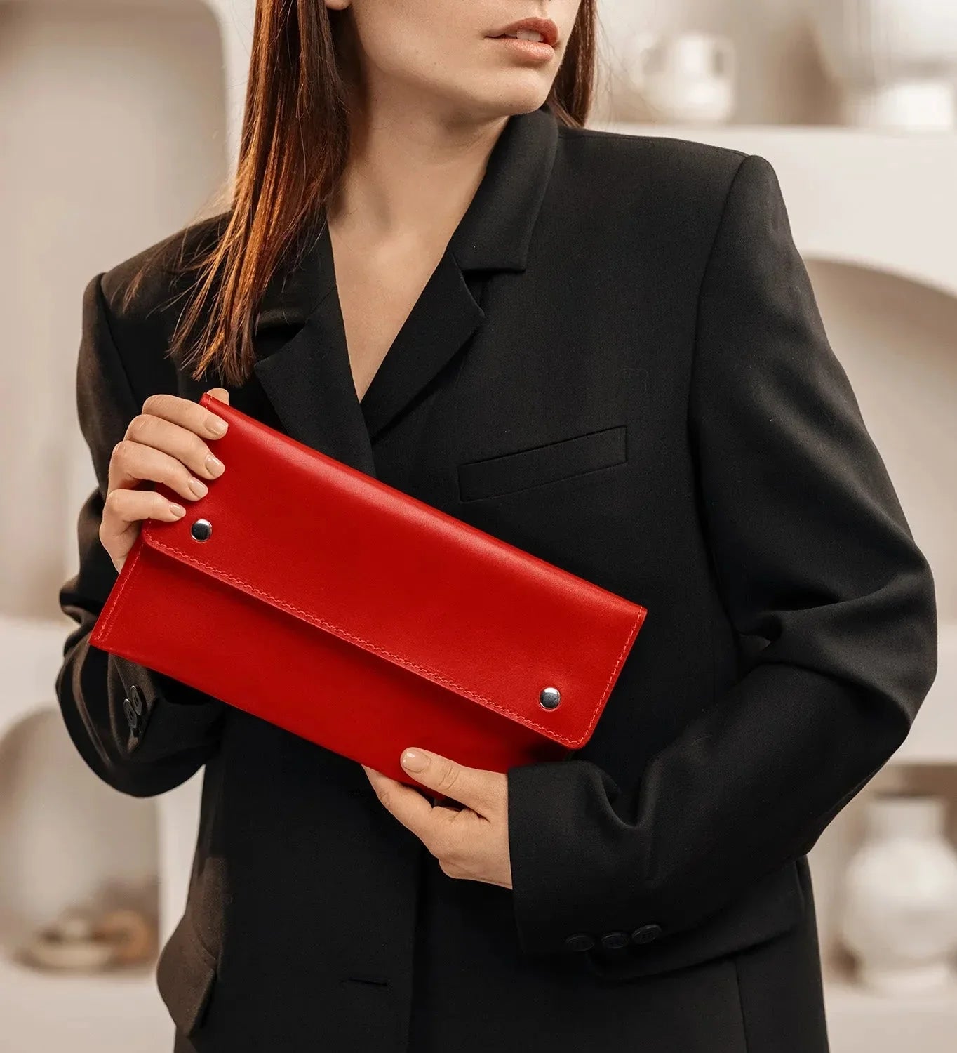 Double-Sided Leather Clutch with Handle