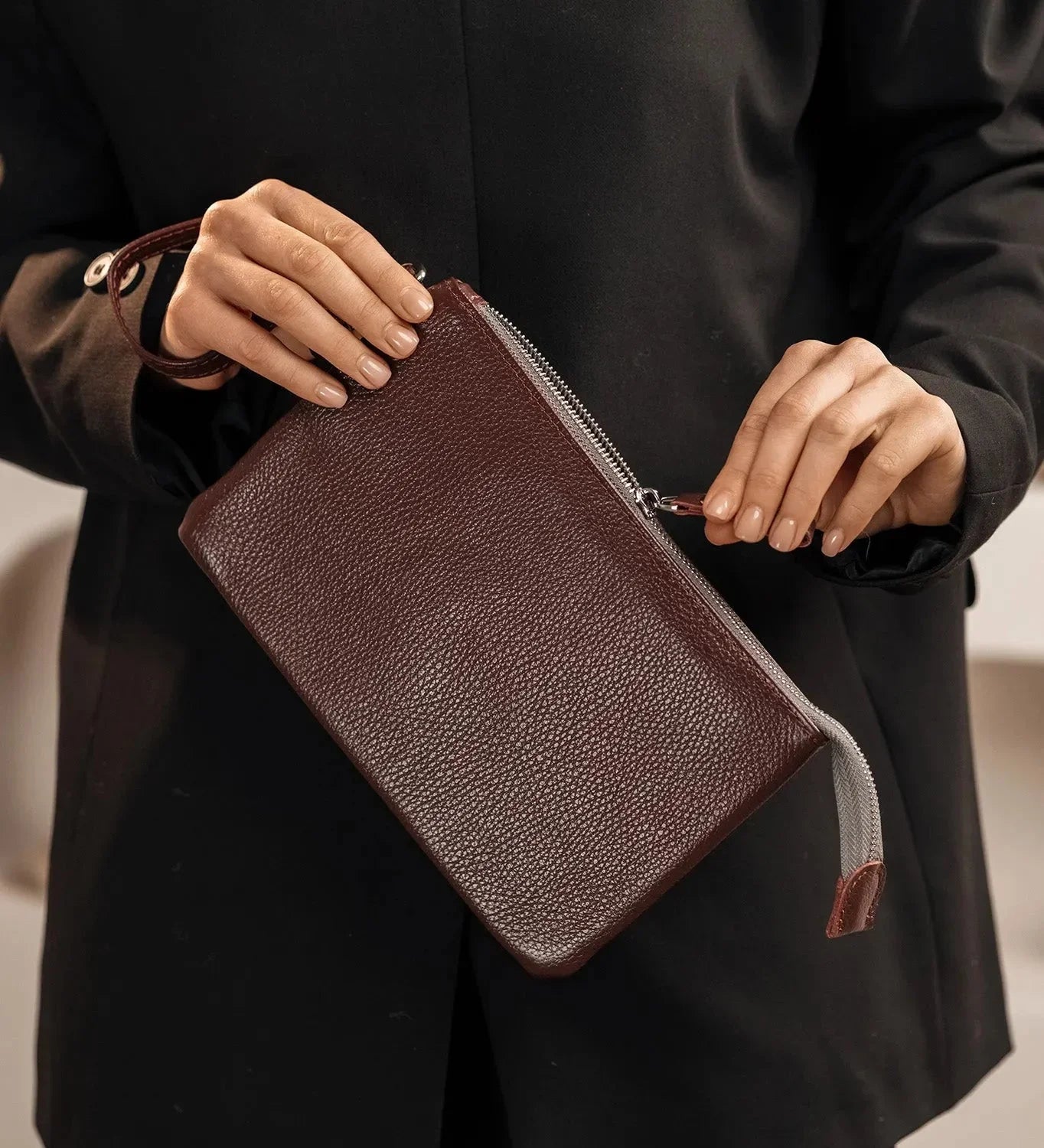 Grainy Leather Clutch with Zipper – 3 Sizes