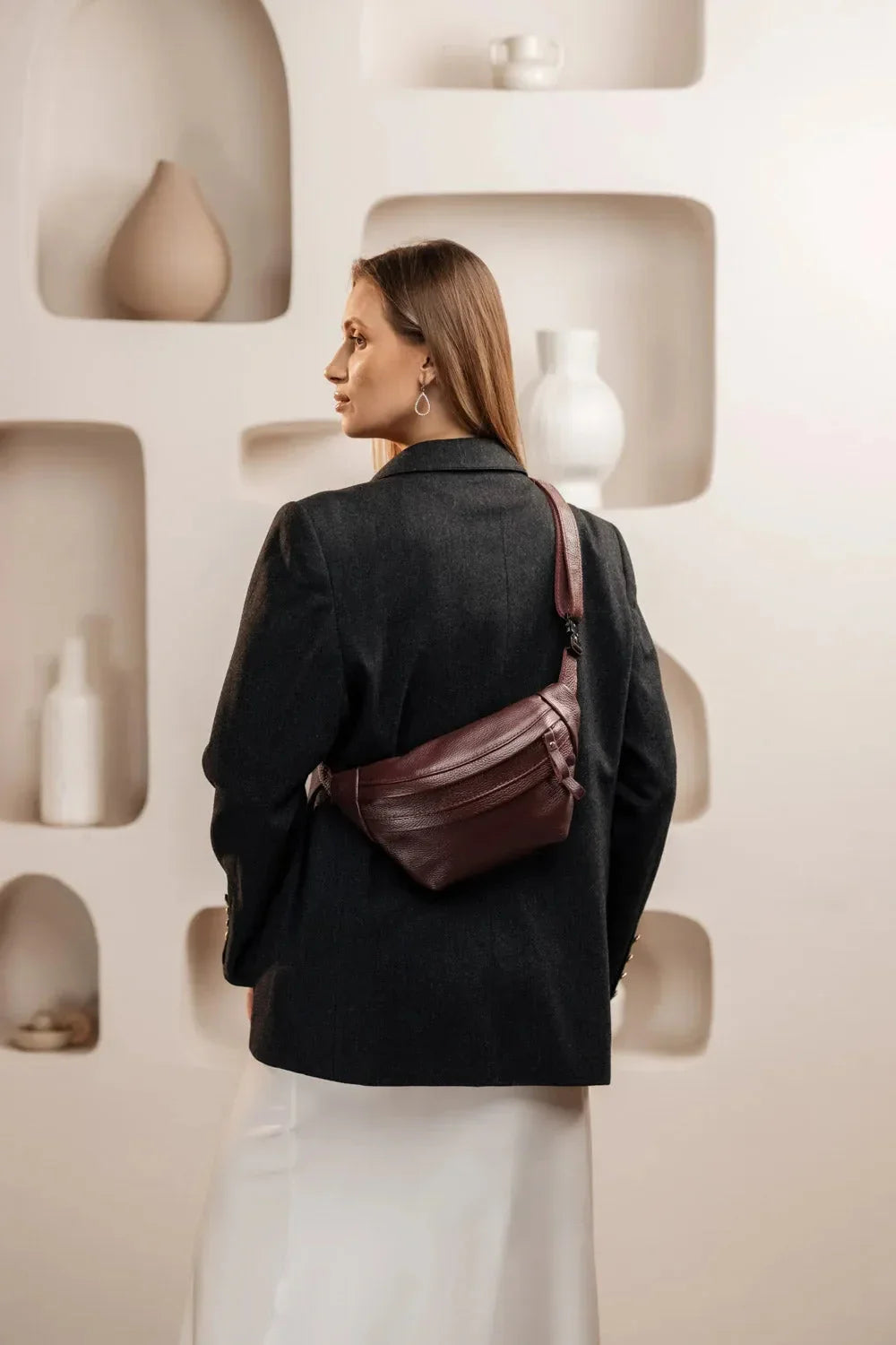 Grainy Leather Waist Bag with Zipper | B-Bag