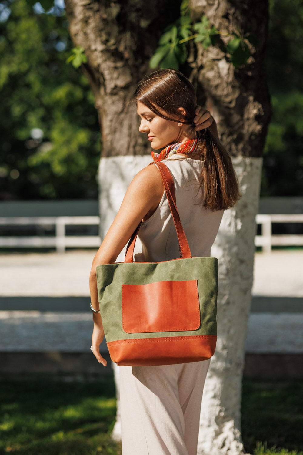 Women's Waxed Canvas Tote Bag with Leather Straps for Daily Use