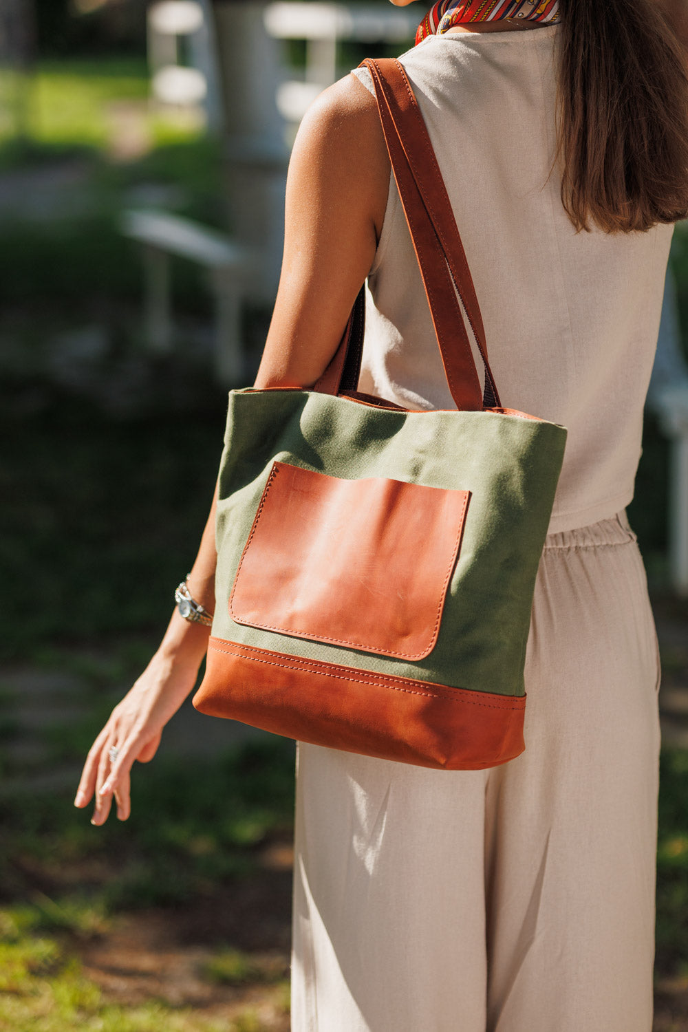 Women's Waxed Canvas Tote Bag with Leather Straps for Daily Use