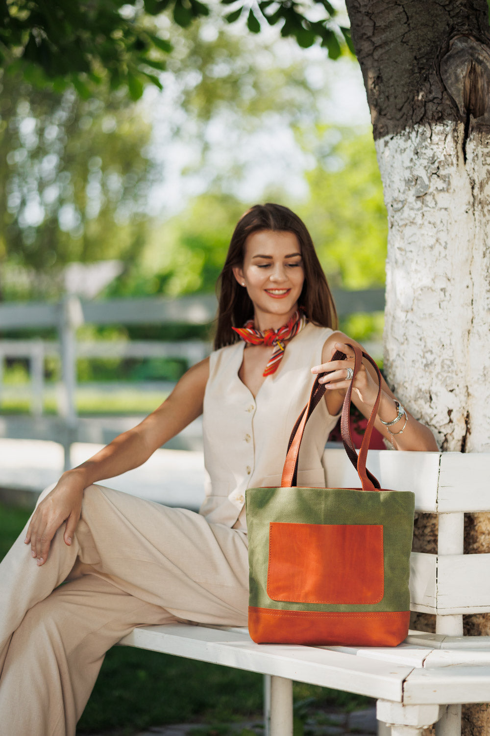 Women's Waxed Canvas Tote Bag with Leather Straps for Daily Use