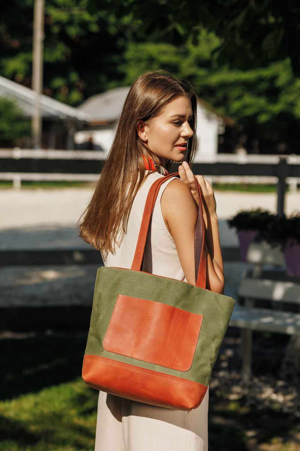 Women's Waxed Canvas Tote Bag with Leather Straps for Daily Use