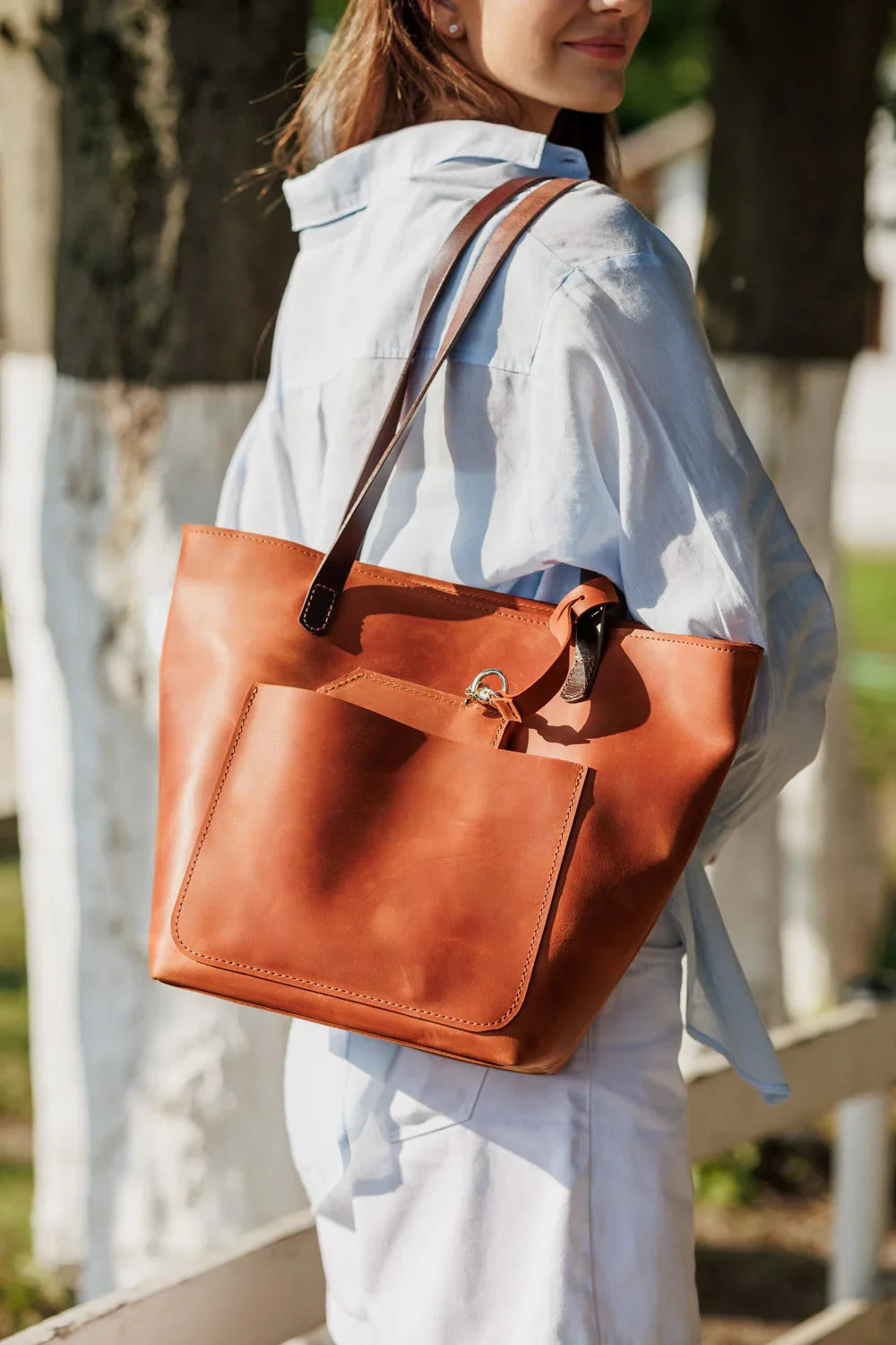 Distressed Cowhide Leather Tote Bag with Removable Pouch