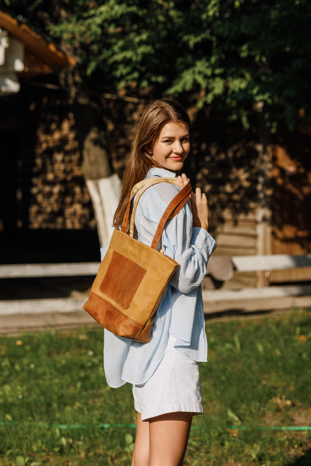Women's Waxed Canvas Tote Bag with Leather Straps for Daily Use
