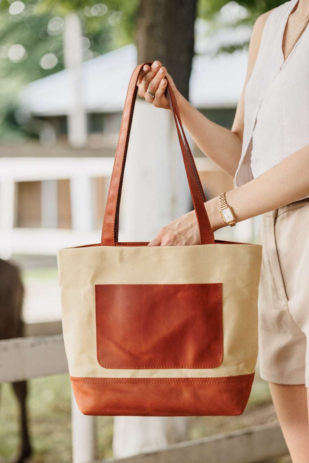 Women's Waxed Canvas Tote Bag with Leather Straps for Daily Use