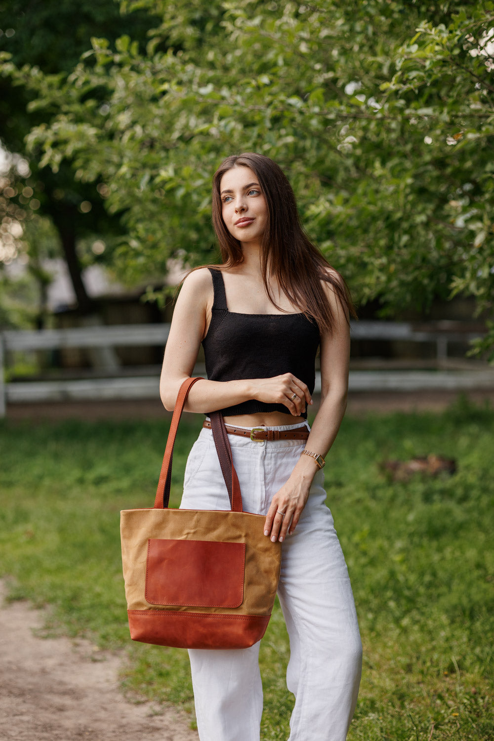 Women's Waxed Canvas Tote Bag with Leather Straps for Daily Use