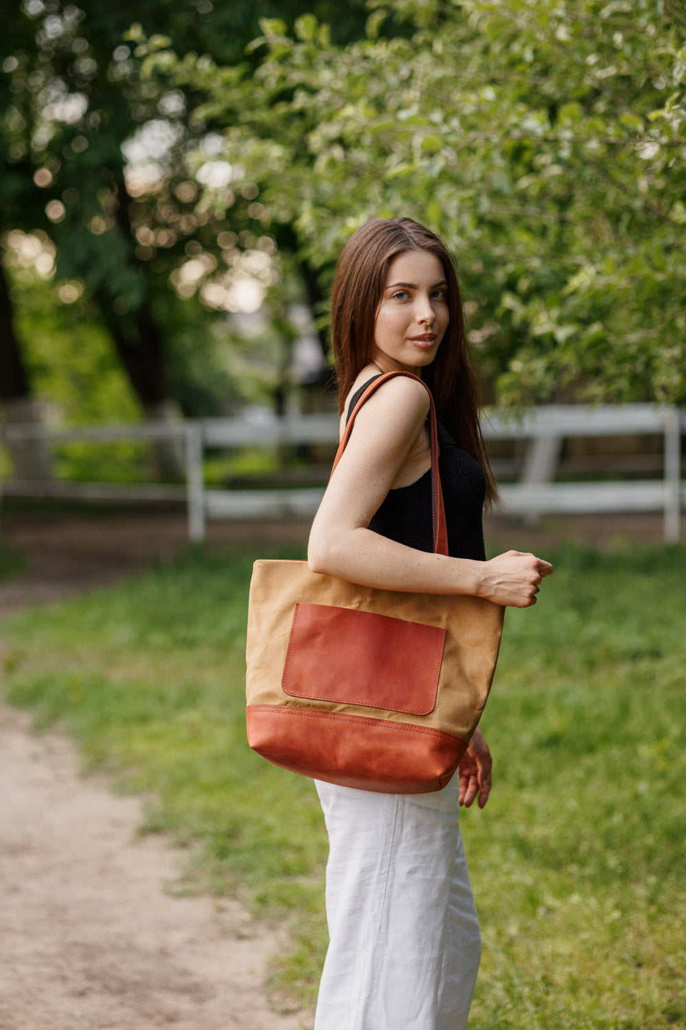 Women's Waxed Canvas Tote Bag with Leather Straps for Daily Use