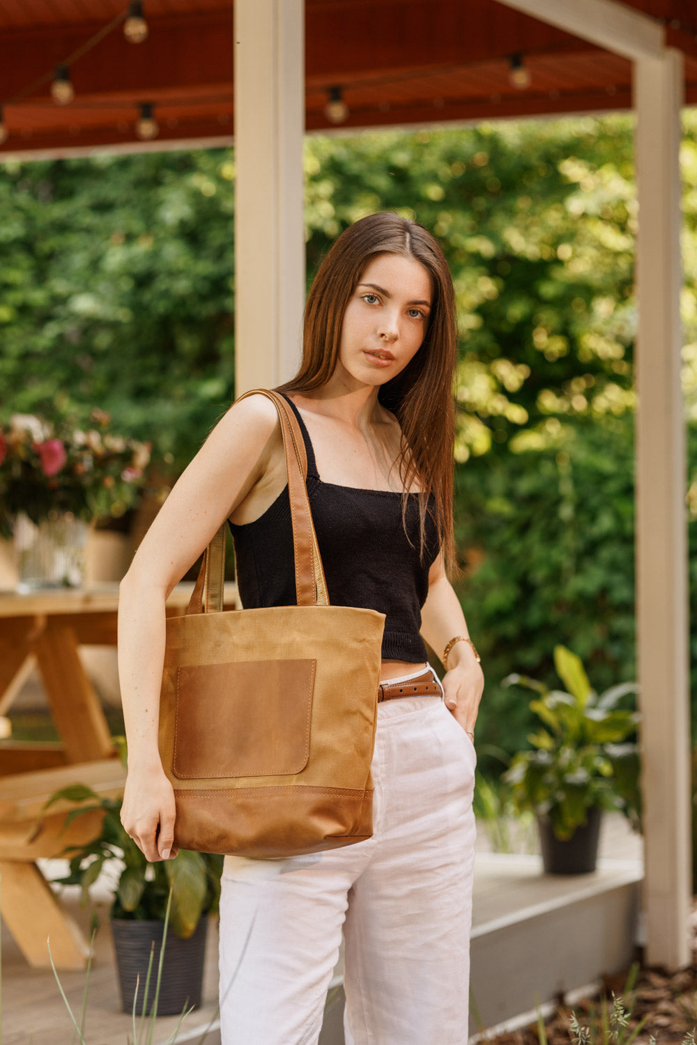 Women's Waxed Canvas Tote Bag with Leather Straps for Daily Use