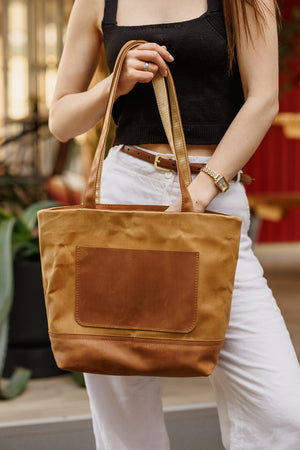 Women's Waxed Canvas Tote Bag with Leather Straps for Daily Use