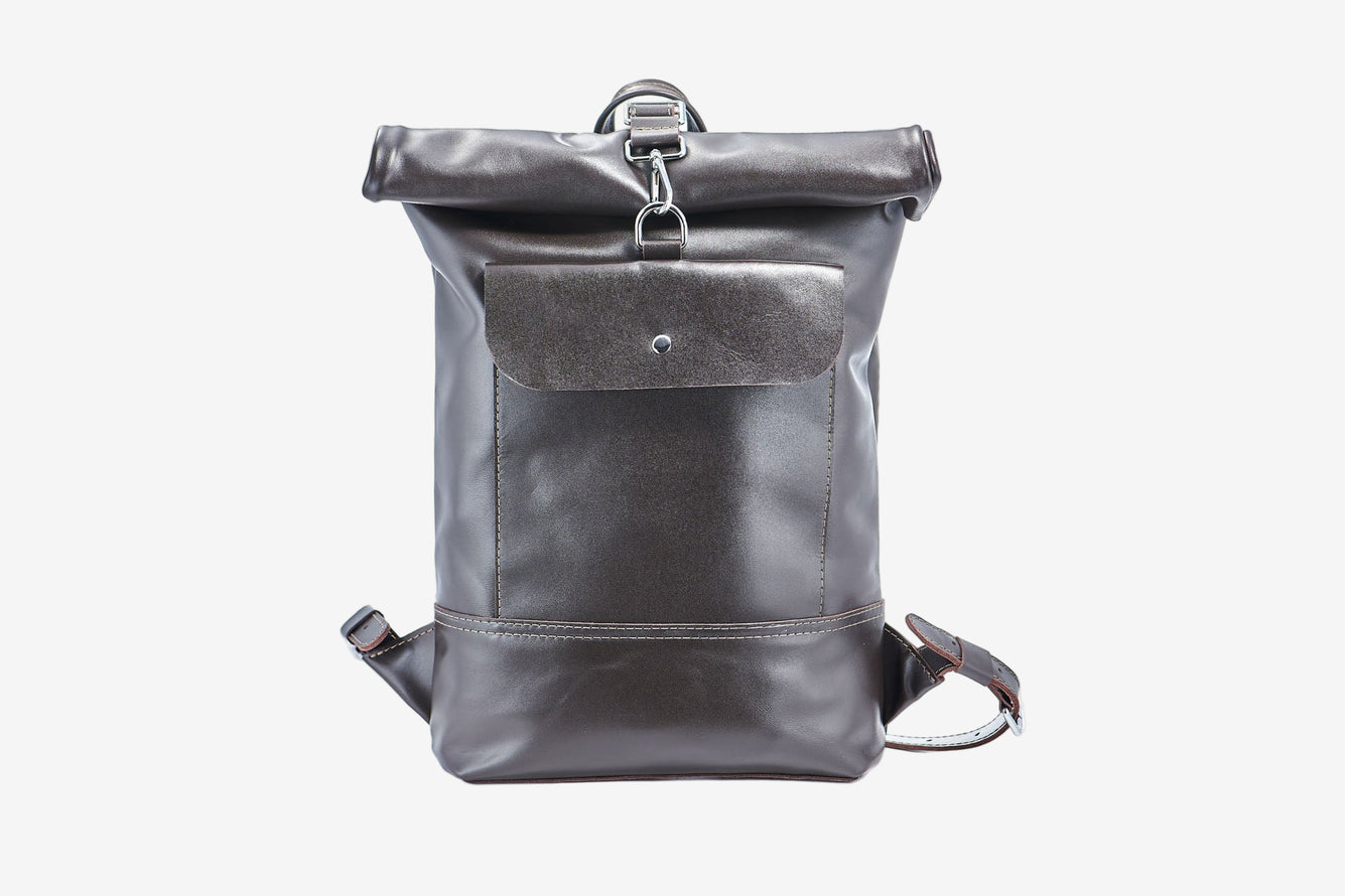 Smooth Leather Backpack with Roll Top – Durable Work & Travel Bag