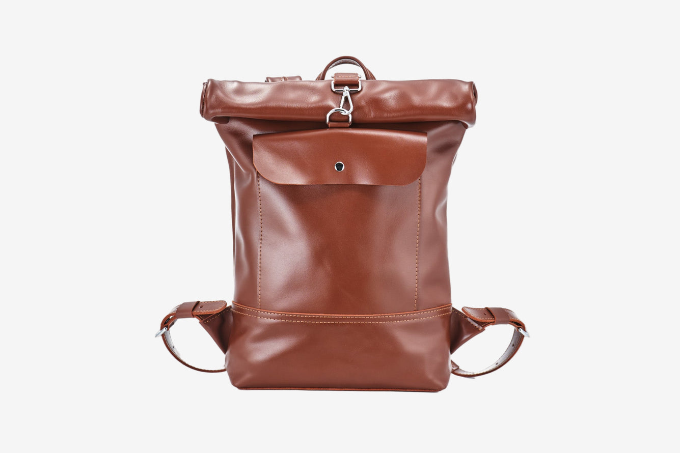 Smooth Leather Backpack with Roll Top – Durable Work & Travel Bag