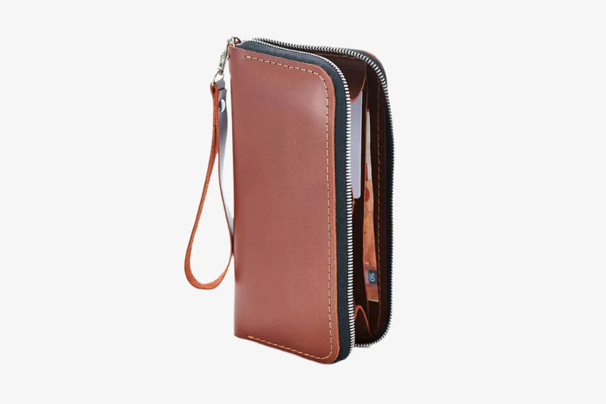 Leather Clutch Wallet – Zip Closure & Wrist Strap